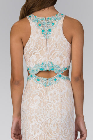 Long Ivory Lace Dress Accented with Bluish Jewel and Cut Outs-3