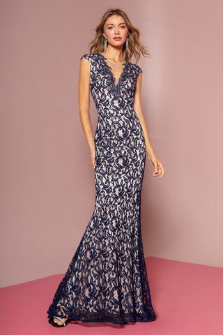 Lace Floor Length Dress with Beaded V-Neck and Sheer Back-2