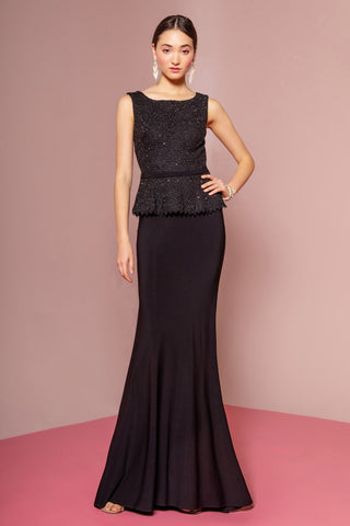 Peplum Floor Length Jersey Dress with Lace Bodice-4