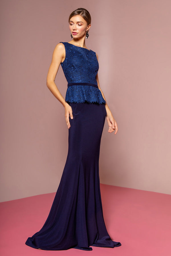 Peplum Floor Length Jersey Dress with Lace Bodice-0