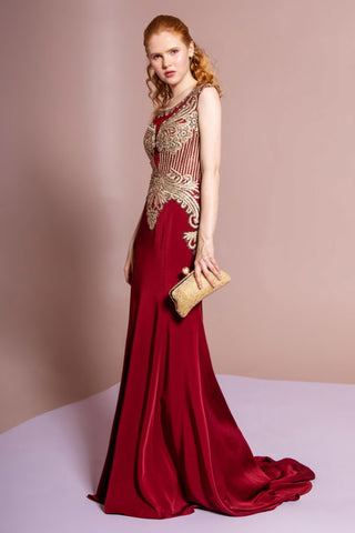 Jewel Embellished Embroidery Jersey Long Dress with Sheer Back-1