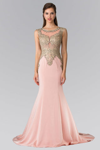 Jewel Embellished Embroidery Jersey Long Dress with Sheer Back-3