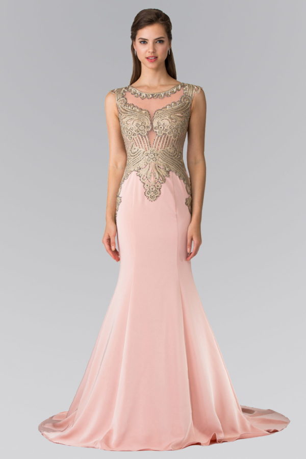 Jewel Embellished Embroidery Jersey Long Dress with Sheer Back-3