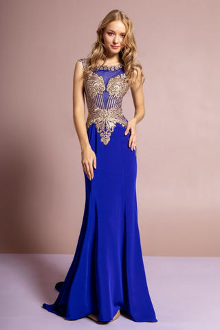 Jewel Embellished Embroidery Jersey Long Dress with Sheer Back-4