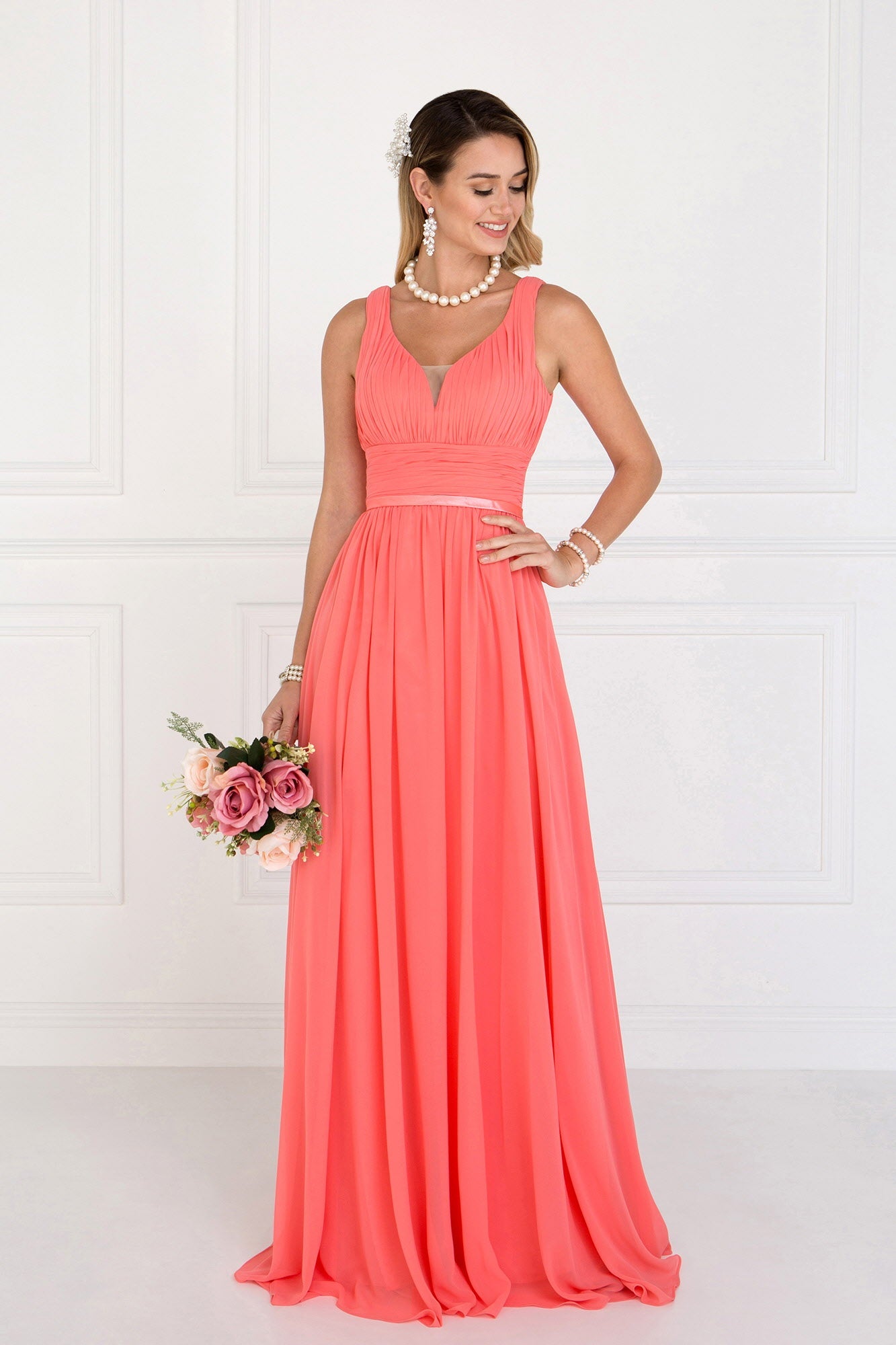 Chiffon Wide V-Neck A-Line Long Dress-4