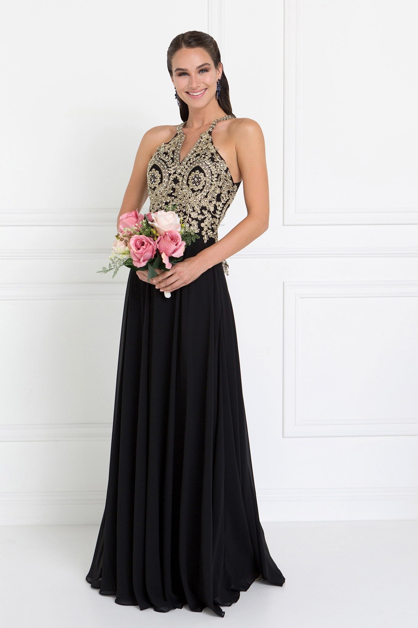 Chiffon Deep V-Back A-Line Long Dress Accented with Embroidery-0