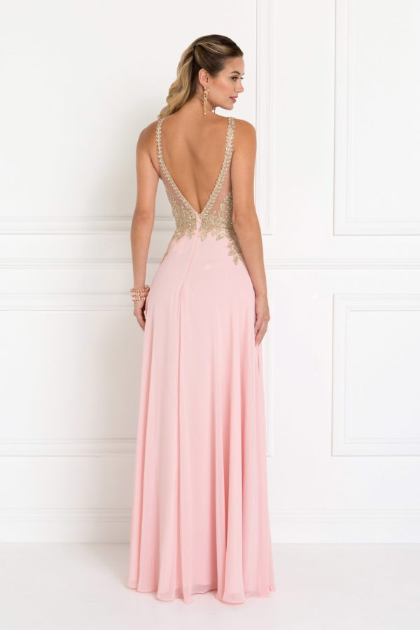 Chiffon Deep V-Back A-Line Long Dress Accented with Embroidery-3