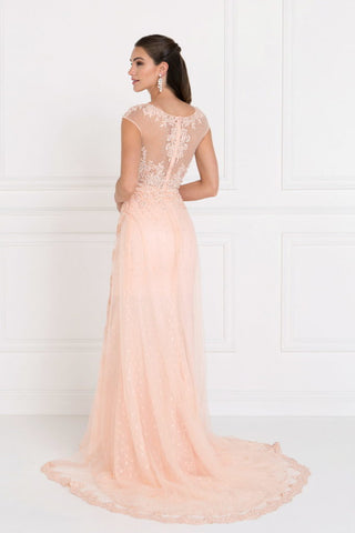 Lace A-Line Long Dress with Tulle Overlay-4