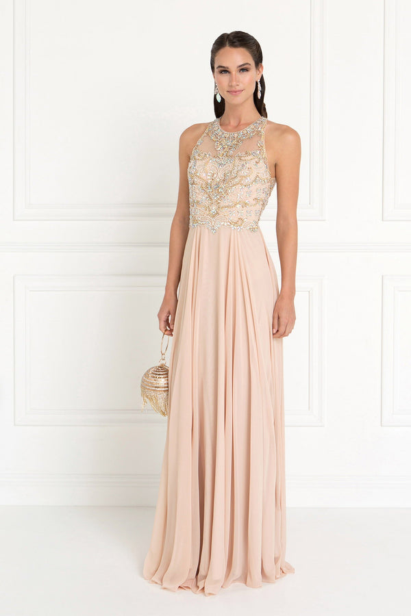 Chiffon A-Line Long Dress with Beads and Jewels Embellished-0