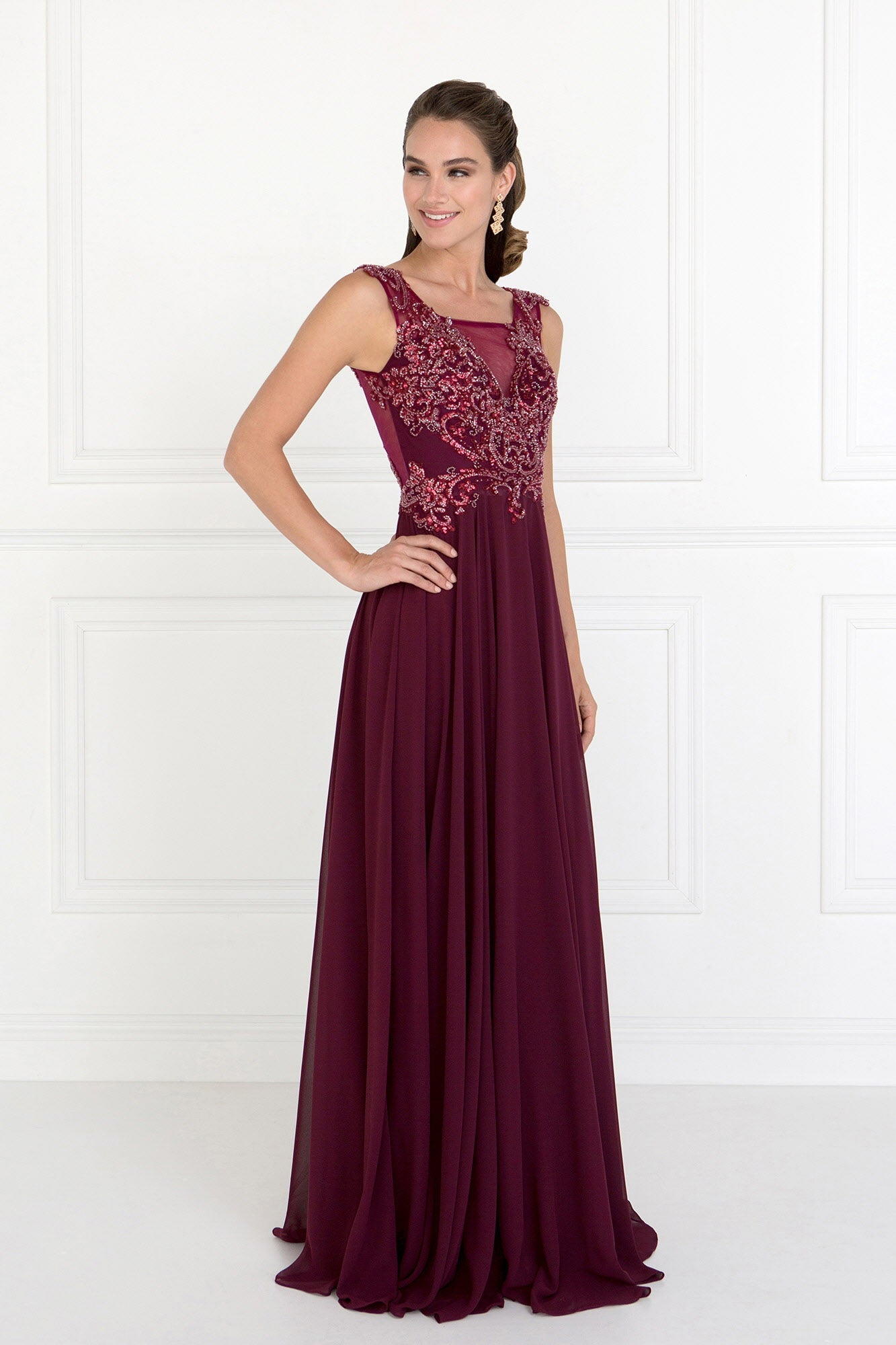 Chiffon Illusion V-Neck A-Line Long Dress with Beads Embellished-4