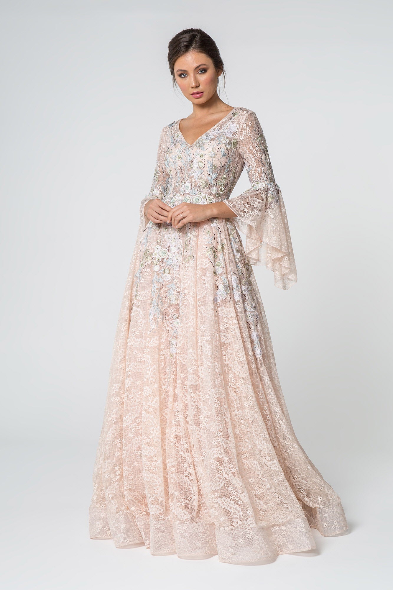 Lace V-Neck A-Line Long Dress with Embroidery and Trumpet Sleeves-3