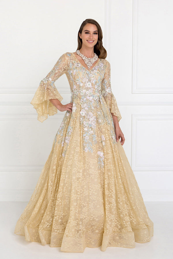 Lace V-Neck A-Line Long Dress with Embroidery and Trumpet Sleeves-0