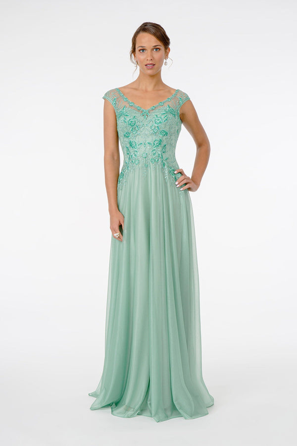 Embroidered Bodice V-Neck Long Dress w/ V-Back-0