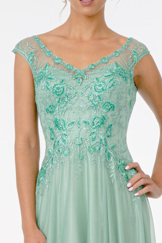 Embroidered Bodice V-Neck Long Dress w/ V-Back-2