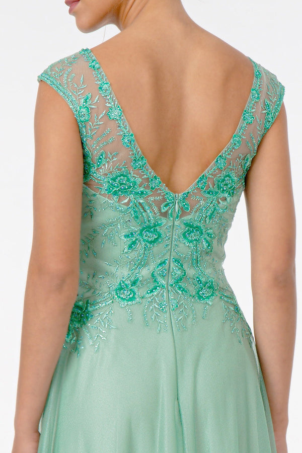 Embroidered Bodice V-Neck Long Dress w/ V-Back-3