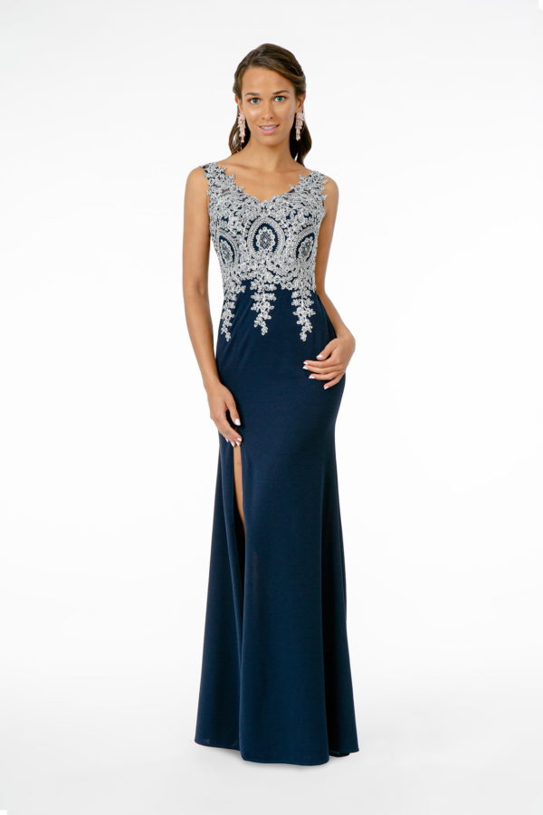 Embroidered Bodice V-Neck Jersey Long Dress w/ Slit-1