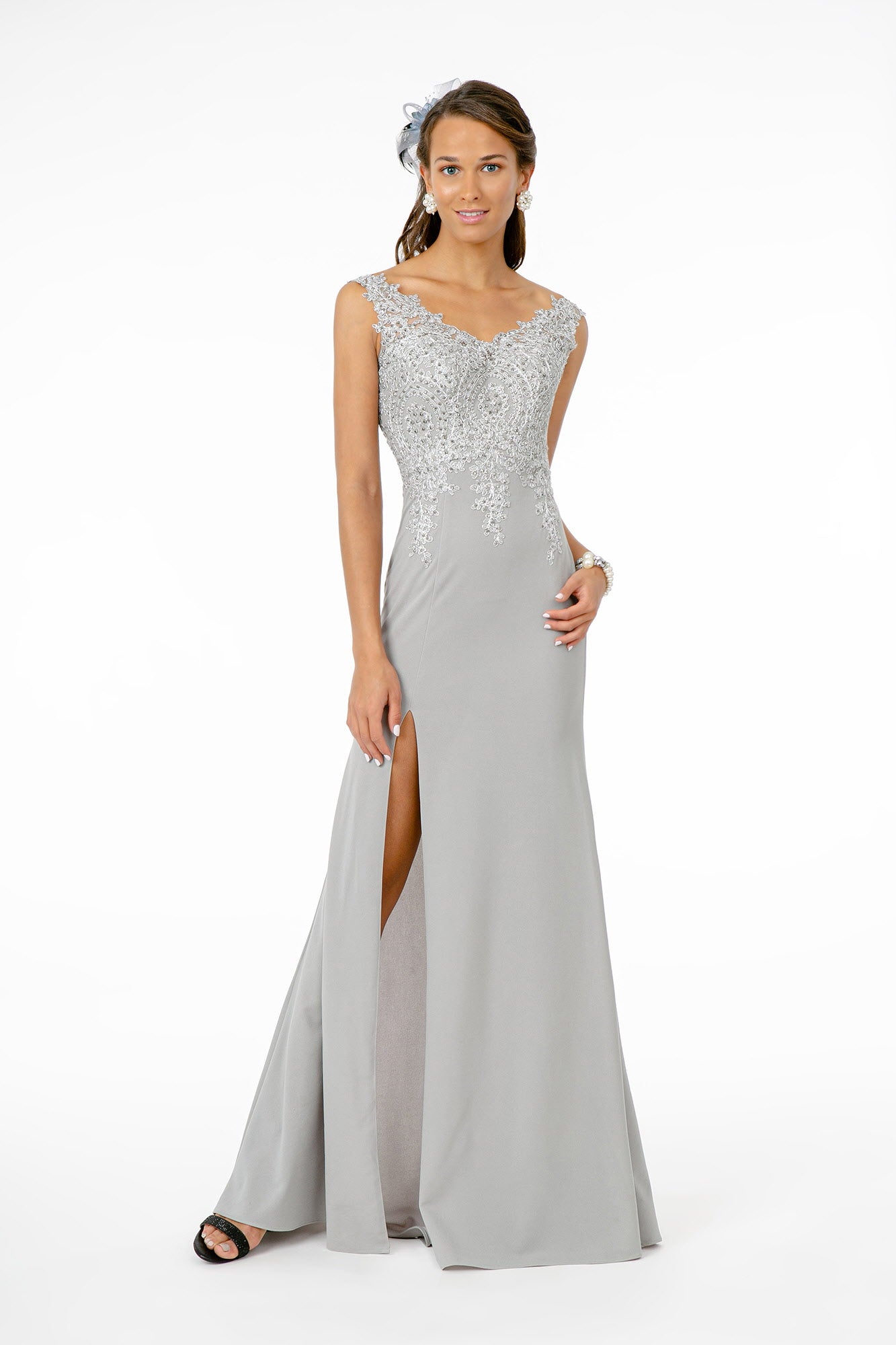 Embroidered Bodice V-Neck Jersey Long Dress w/ Slit-0