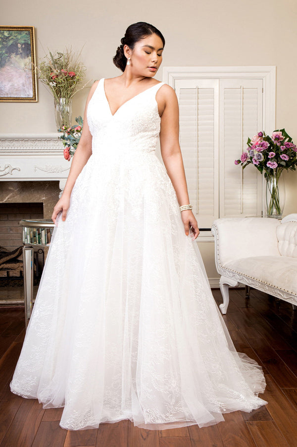 V-Neck Embroidery Mesh Wedding Gown w/ Lace Lining-0