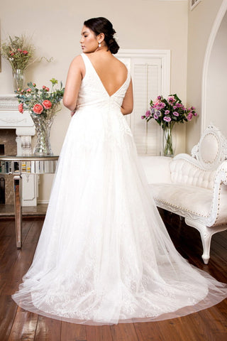 V-Neck Embroidery Mesh Wedding Gown w/ Lace Lining-1