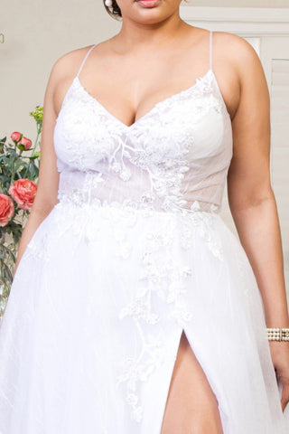 Embroidered Sheer Bodice V-Neck Wedding Gown /w Tail-3