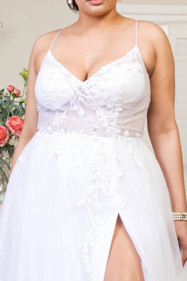 Embroidered Sheer Bodice V-Neck Wedding Gown /w Tail-3