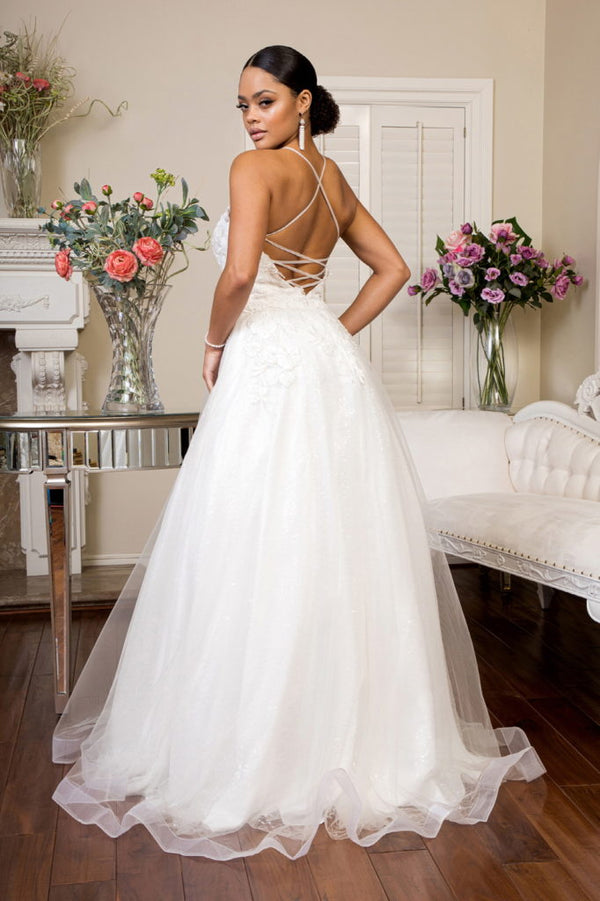 V-Neck Floral Embroidery Sequin Mesh Wedding Gown w/ Lace Up Back-1