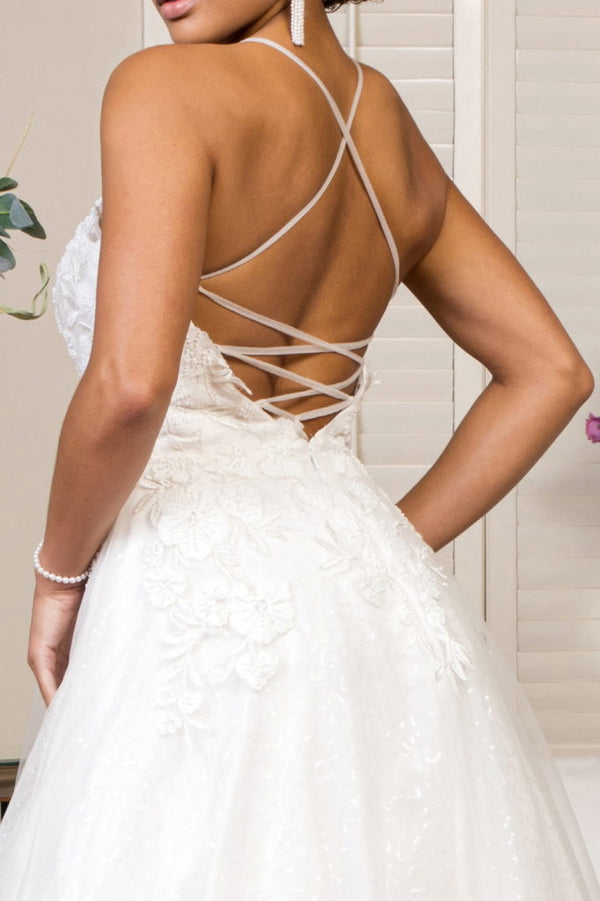 V-Neck Floral Embroidery Sequin Mesh Wedding Gown w/ Lace Up Back-3