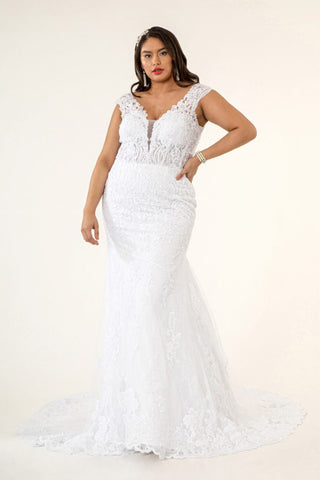 Illusion V-Neck Embroidery Mermaid Tail Wedding Gown-5