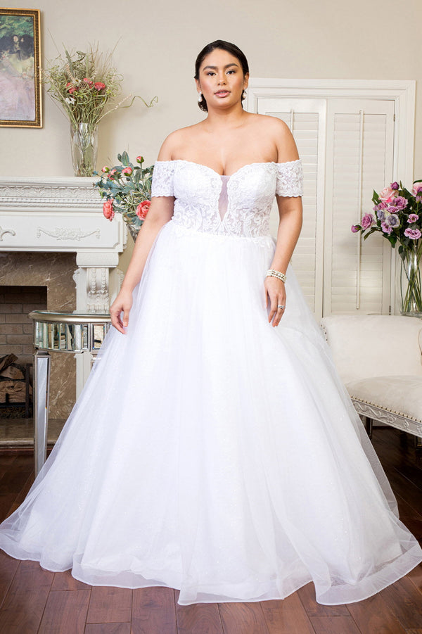 Embroidered Bodice Cut-Away Shoulder Glitter Mesh Wedding Gown w/ Sequin Mesh Lining-0