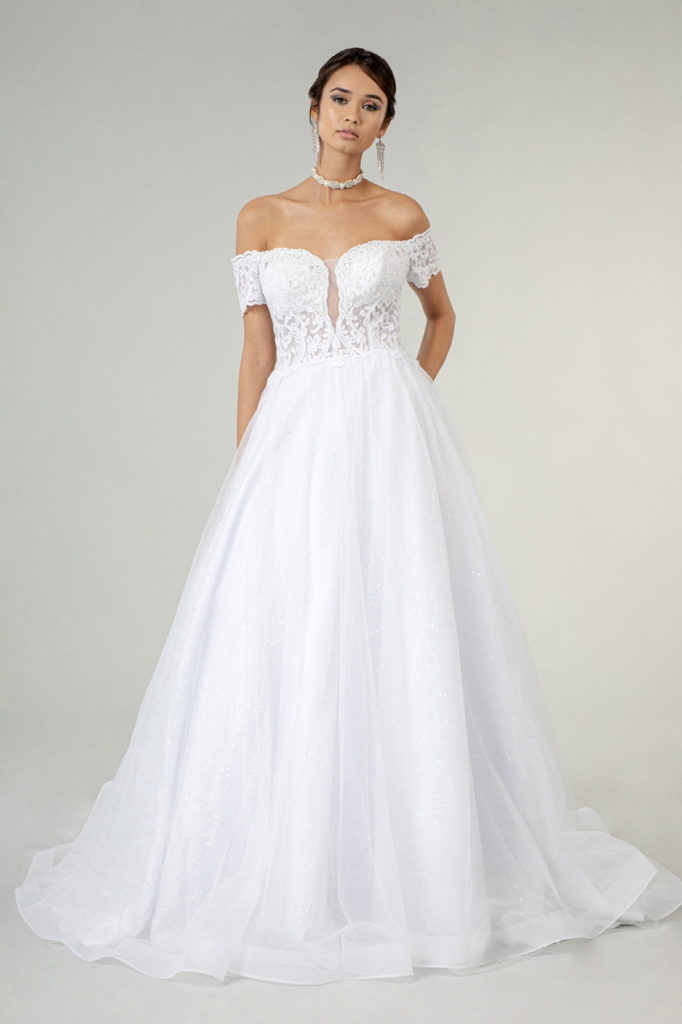 Embroidered Bodice Cut-Away Shoulder Glitter Mesh Wedding Gown w/ Sequin Mesh Lining-4