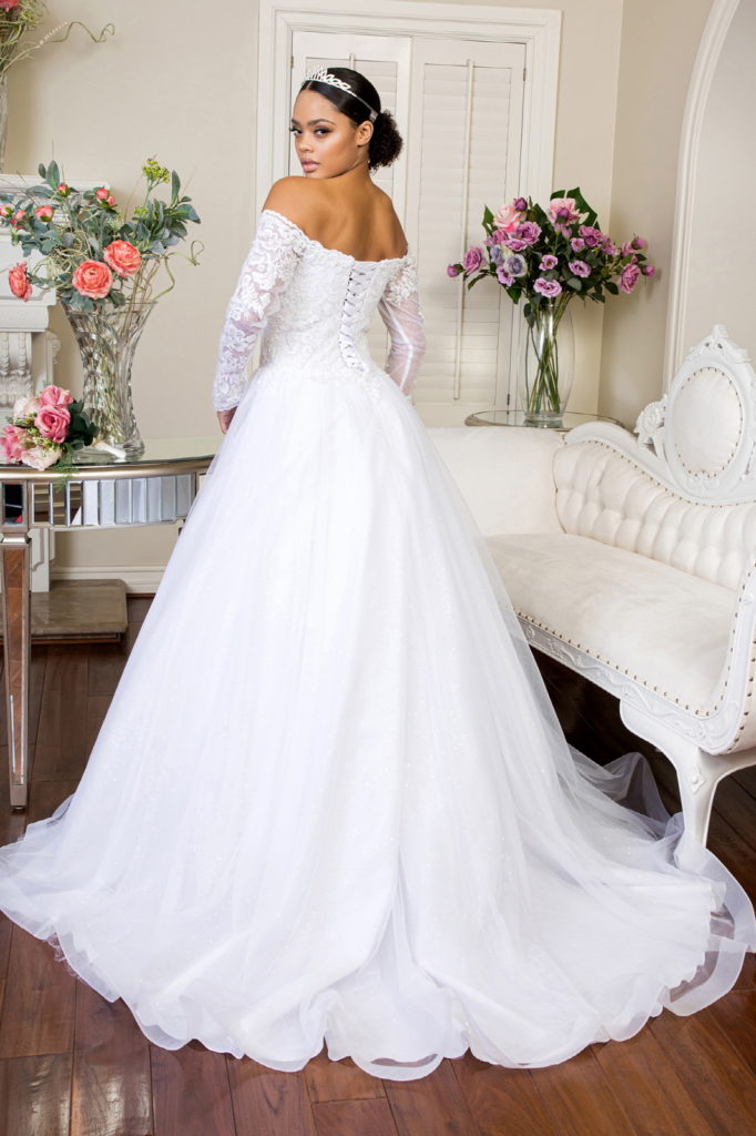 Cut-Away Shoulder Sheer Sleeve Embroidered Sweetheart Mesh Wedding Gown-1