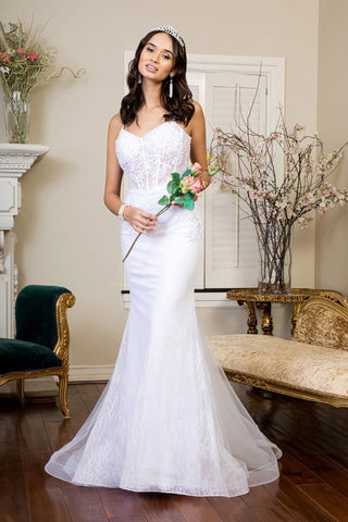 Embroidered Sheer Bodice Mermaid Wedding Gown w/ Lace Up Back-0