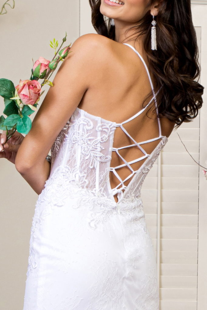 Embroidered Sheer Bodice Mermaid Wedding Gown w/ Lace Up Back-3