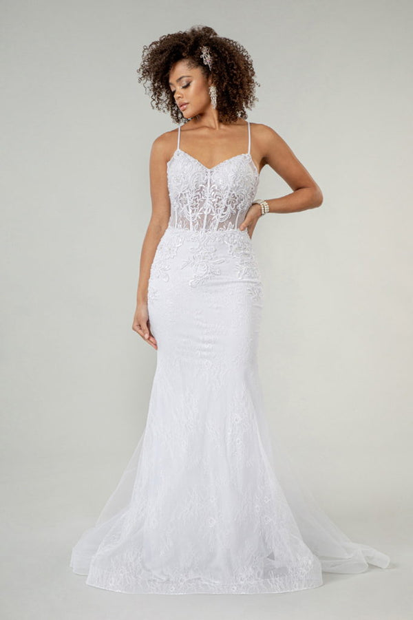 Embroidered Sheer Bodice Mermaid Wedding Gown w/ Lace Up Back-4