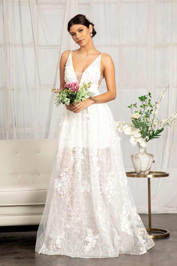 Floral 3D Applique Embellished Mesh V-Neck Wedding Dress-2