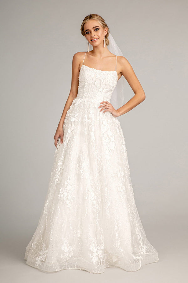 Floral Embroidered Lace-Up Mesh Wedding Gown w/ Sweetheart Neckline-0