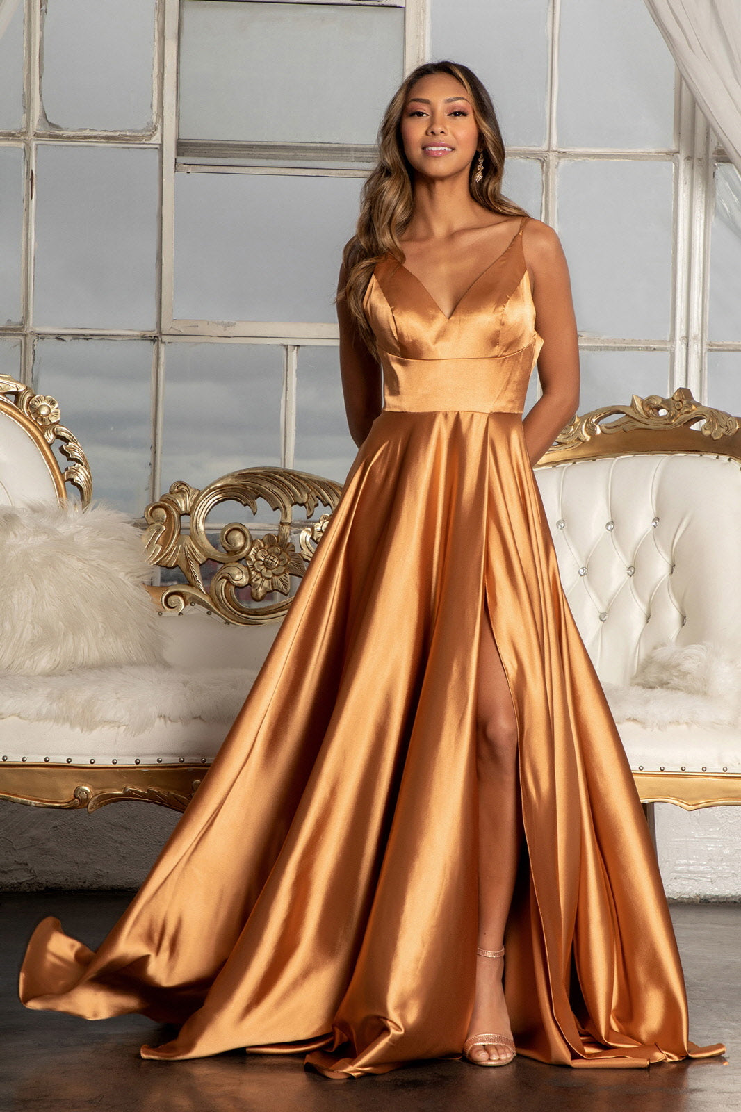 V-Neck Spaghetti Strap A-Line Satin Long Dress-0