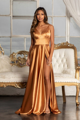 V-Neck Spaghetti Strap A-Line Satin Long Dress-3