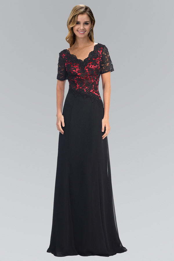 Short Sleeve V-Neck Long Dress with Lace Bodice-0