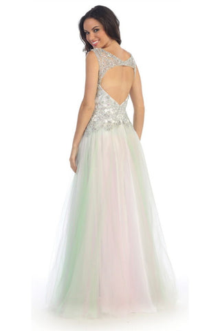 Sleeveless Tulle Long Dress with Bead Embellished Bodice and Neckline-1