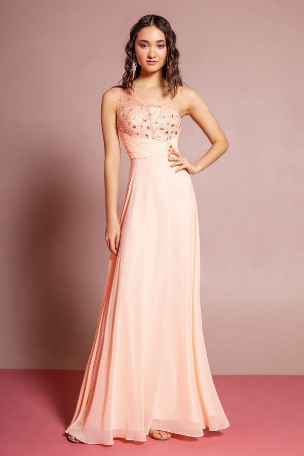 One Shoulder Floor Length Dress with Jewel Embellished Bodice-5