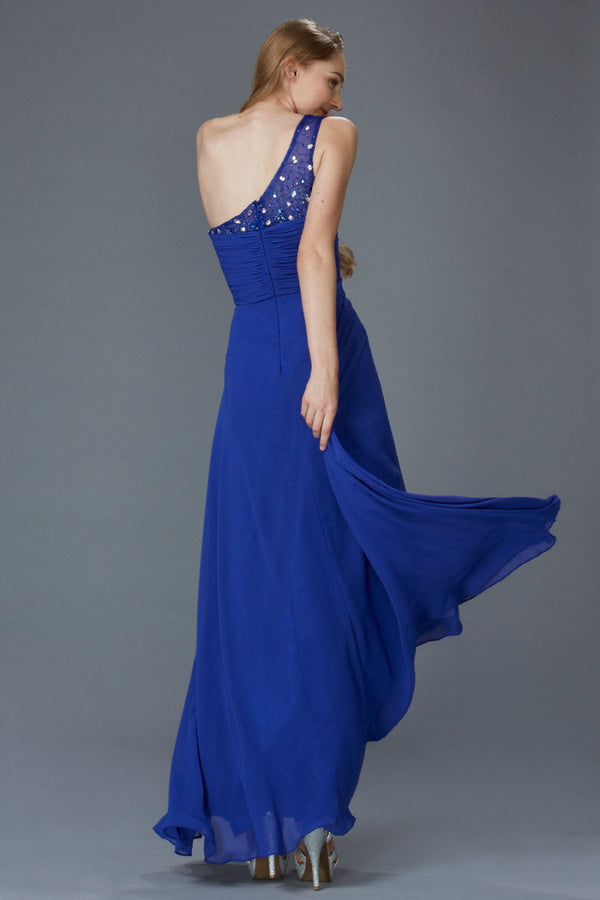 One Shoulder Floor Length Dress with Jewel Embellished Bodice-0