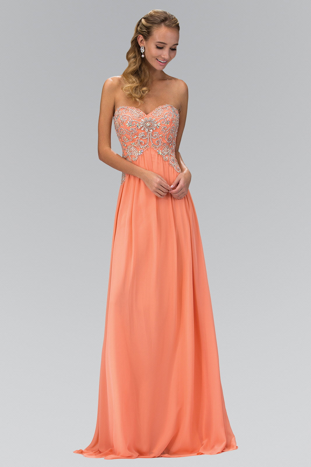 Strapless Sweetheart Long Chiffon Dress with Jewel Detailing-2