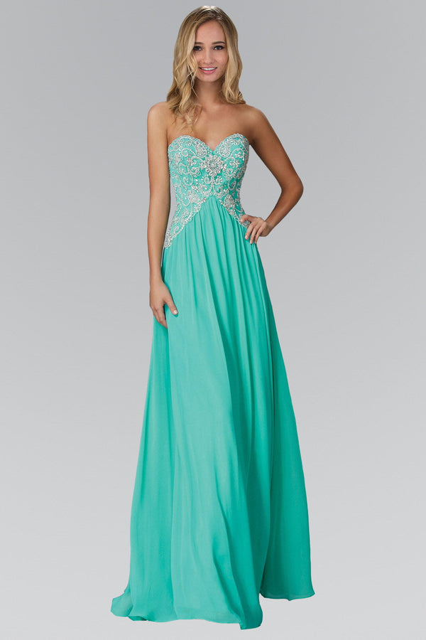 Strapless Sweetheart Long Chiffon Dress with Jewel Detailing-0