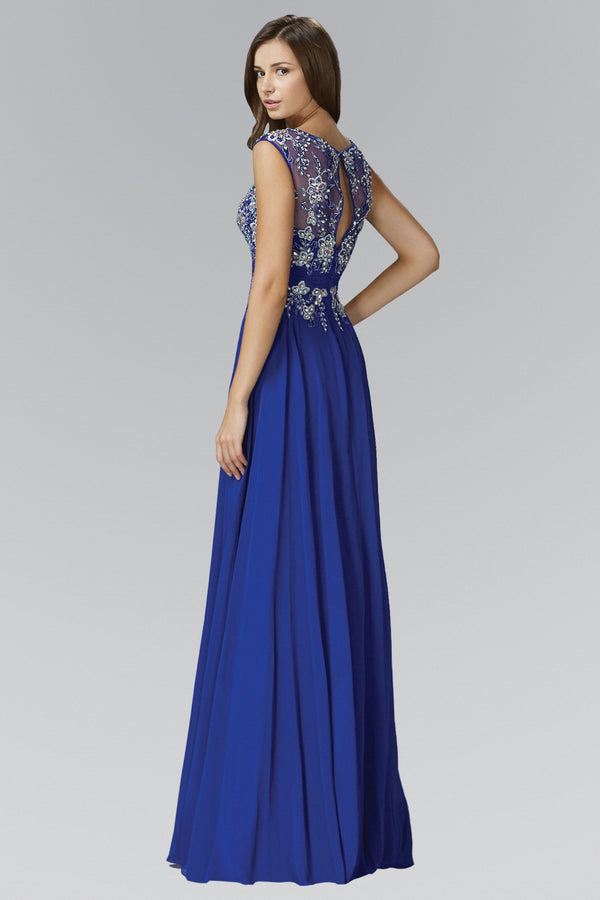 Sleeveless Long Dress with Lace and Jewel Embellished Bodice-4