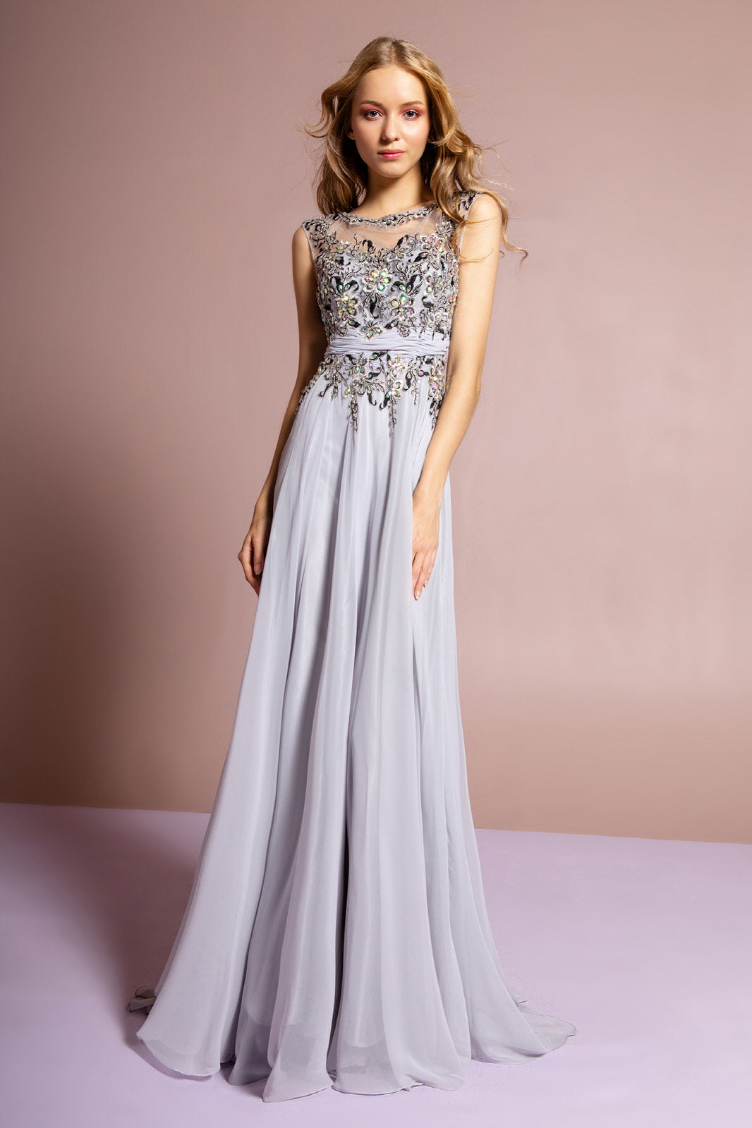 Sleeveless Long Dress with Lace and Jewel Embellished Bodice-0