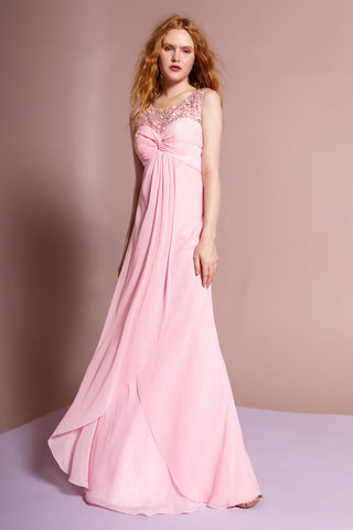 Empire Line Chiffon Long Dress with Beaded Illusion Neckline-6