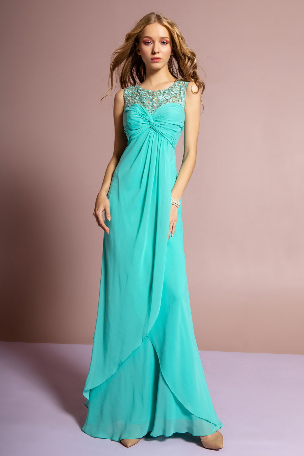 Empire Line Chiffon Long Dress with Beaded Illusion Neckline-0