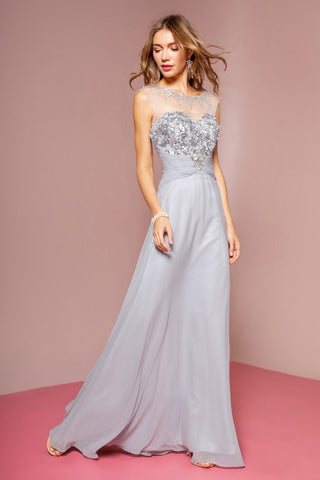 Sequin Embellished Chiffon Long Dress with Beaded Sweetheart Illusion Neckline-0