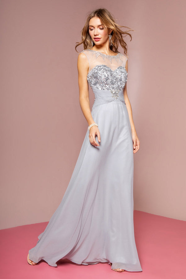 Sequin Embellished Chiffon Long Dress with Beaded Sweetheart Illusion Neckline-0